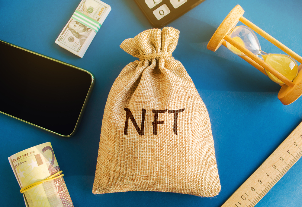 Money bag NFT - non-fungible token. Digitally represented product or asset. Selling digital assets and art through auctions. Blockchain technology. Monetization, investment in cryptographic tokens